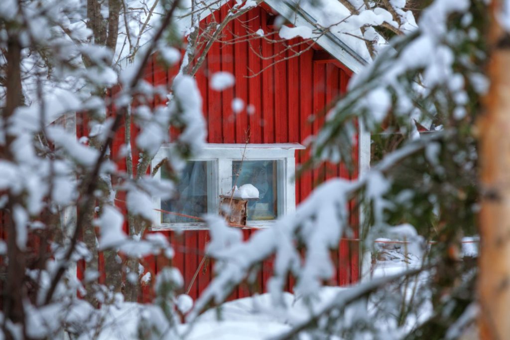 A pole barn in winter covered in snow through the trees